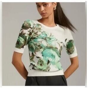 Maeve Anthropologie Harmon Jacquard Sweater Tee Womens M Green Cream Floral